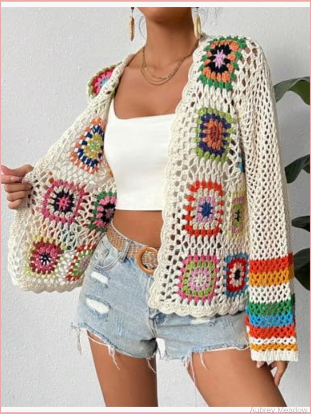 Floral Crochet Cardigan Boho Open Front Long Sleeve Knit Sweater - Picture 3 of 5